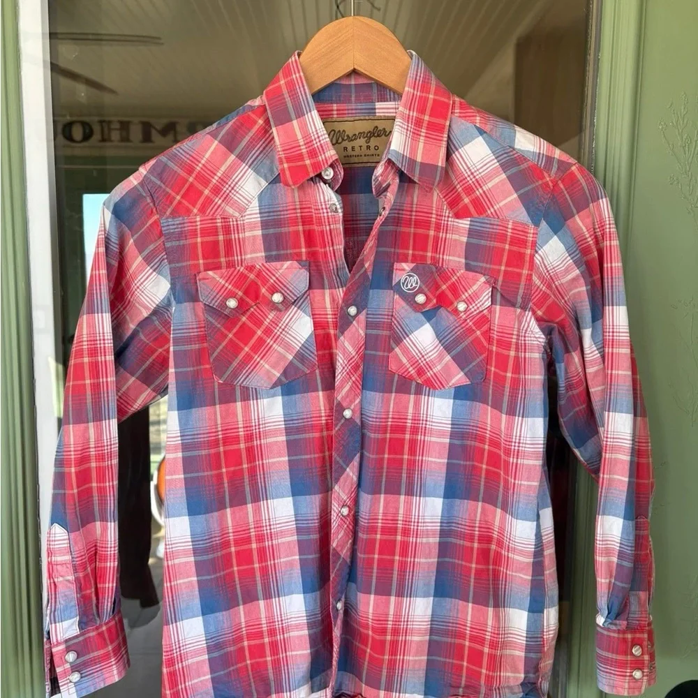 Kid’s Wrangler Retro Red White & Blue Plaid Pearl Snap Button-Down Shirt - Picture 1 of 6